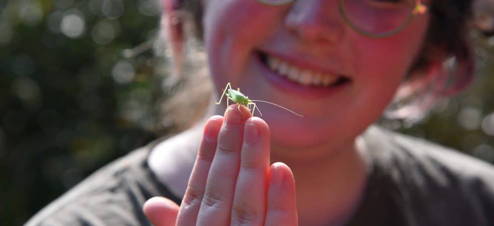 A student looking at a katydid on the end of their finger.